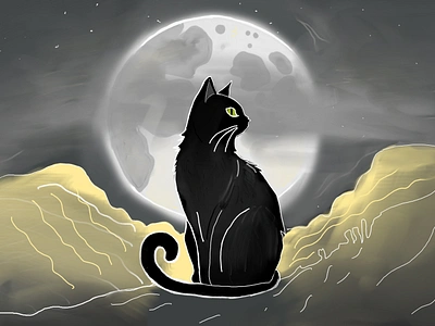 Moonlit Sentinel cat digital art digital illustration moon sketchbook