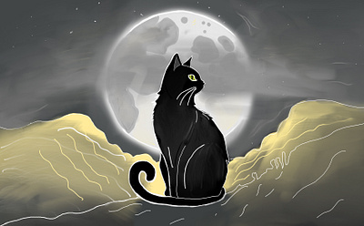 Moonlit Sentinel cat digital art digital illustration moon sketchbook