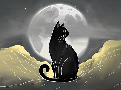 Moonlit Sentinel cat digital art digital illustration moon sketchbook