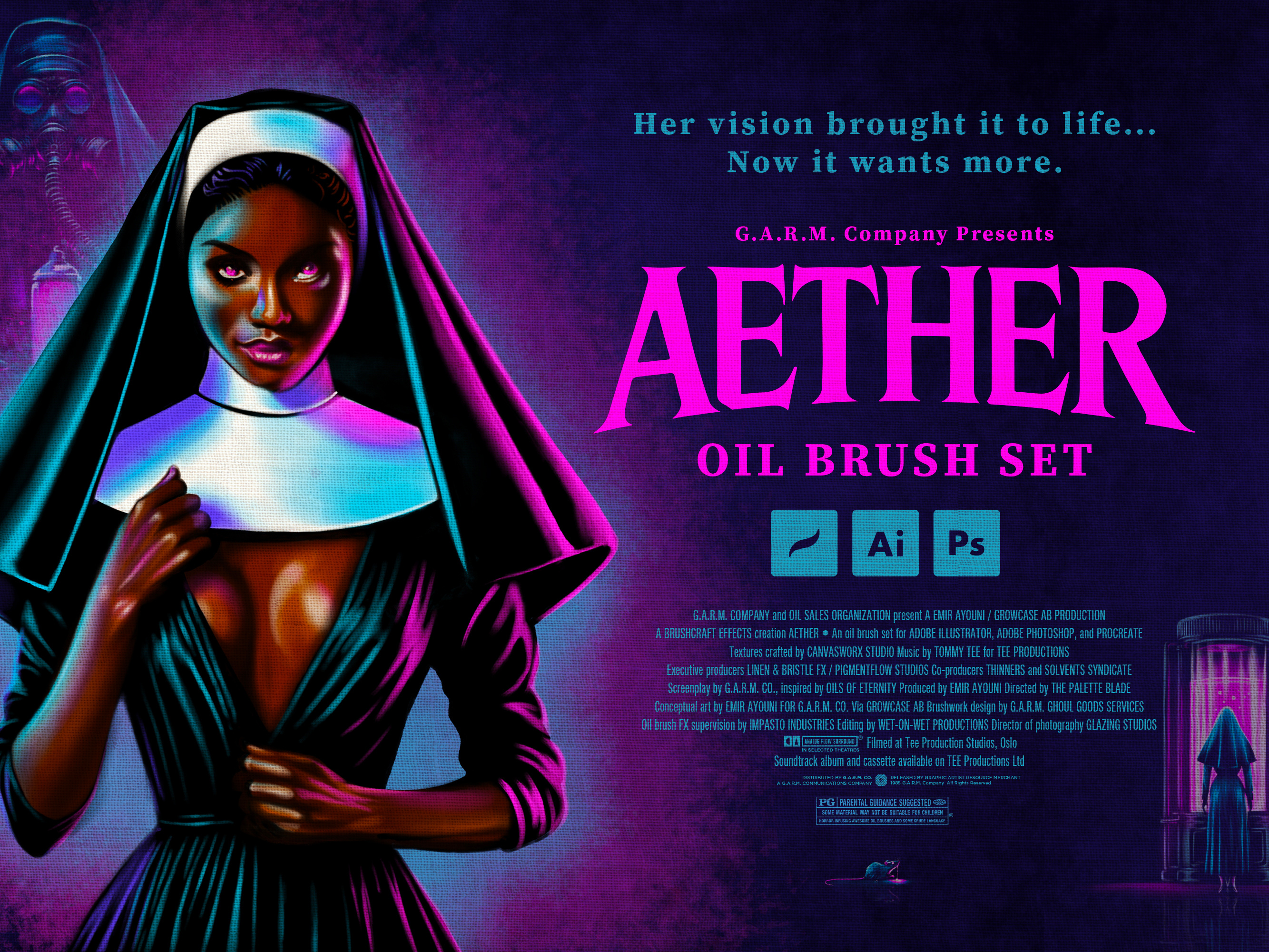 G.A.R.M. Co. Presents: AETHER Oil Brush Set 80s movie poster adobe illustrator adobe photoshop aether aether oil brush set g.a.r.m. co. garm company growcase halloween horror oil brush set procreate