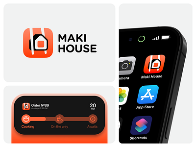 Maki House app branding cafe clean delivery fast food gradient graphic design house icon icondesign japan logo logodesign orange productdesign sushi ui widget