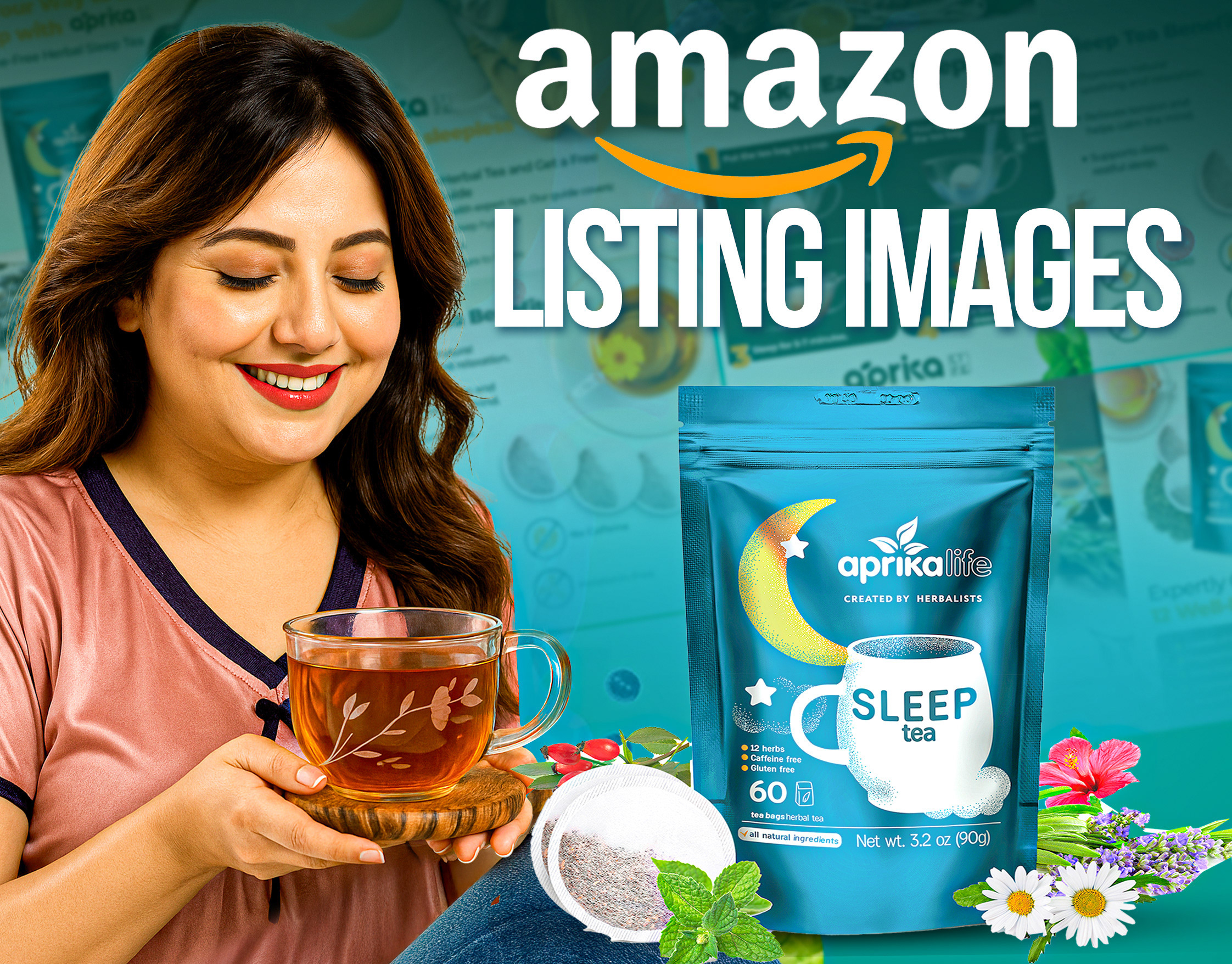 Amazon Listing Infographics, Listing Images Design - Sleep Tea amazon listing images amazonbrandstory amazonebc amazonstorefront amazonstorefrontdesign graphic design graphicdesign listingimages