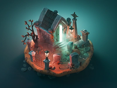 Graveyard 3d blender creepy diorama graveyard halloween illustration isometric render spooky tombstone