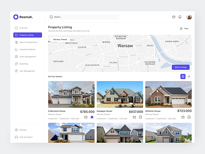 Property Listing Portal app cards clean dashboard design fireart map pin ui ux