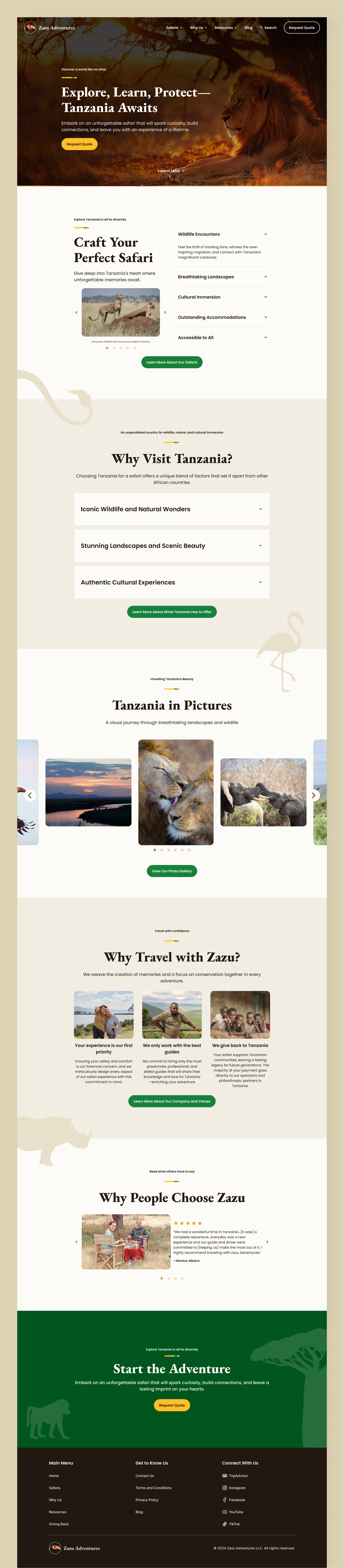 Zazu Adventures Safari Website adventure branding landing page safari web design