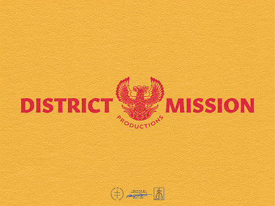 District Mission Productions Horizontal Logo american animal bird bold brand design brand identity branding branding design eagle hand drawn identity design illustration logo logo design red tattoo typography vintage visual identity yellow