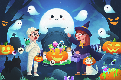 Halloween Night : Spooky Smiles banner candy cat character cute ghost graveyard halloween header hero horror illustration midnight moonlight nightmare orange party pumpkin spooky whimsical