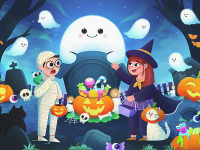 Halloween Night : Spooky Smiles banner candy cat character cute ghost graveyard halloween header hero horror illustration midnight moonlight nightmare orange party pumpkin spooky whimsical