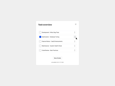 Task overview button checked component dashboard figma light mode menu modal option product design saas see all task overview tasks ui unchecked ux