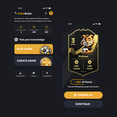 KickBrain Mobile Game app black dark design experience football game gold home illustration interaction interface mobile mode points quiz results ui user ux