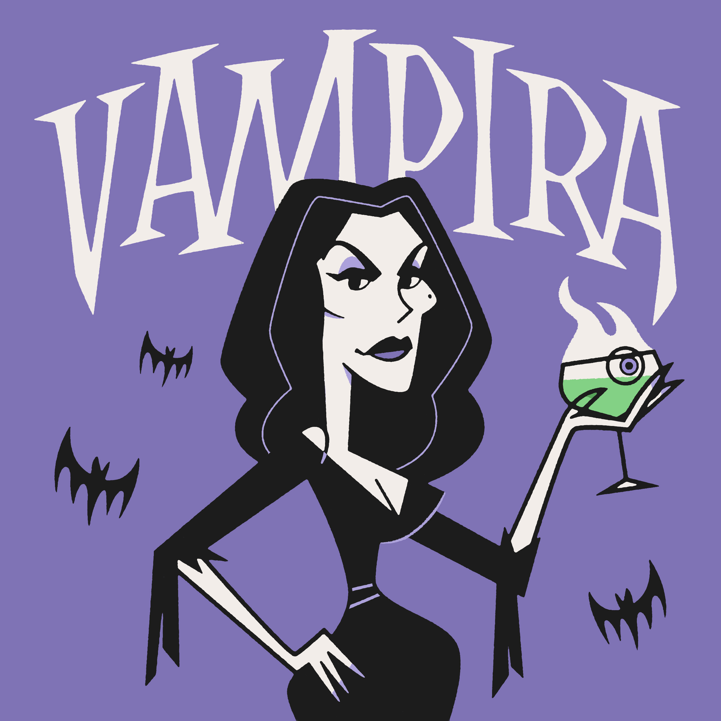 Vampira 50s bat eyeball ghoul glamour halloween illustration mcm midcentury midmod spooky vampira vampire