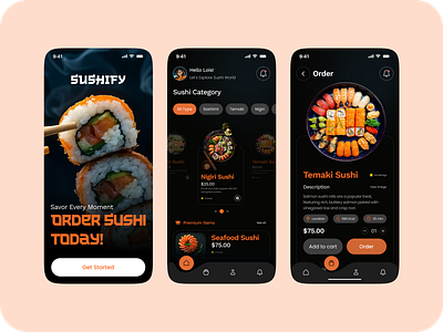 Food Delivery App Design app design delivery app design ecommerce figma figma design food food app food delivery food delivery app design interface minimal mobile app prozyner rifat ony sushi sushi app sushify ui ux