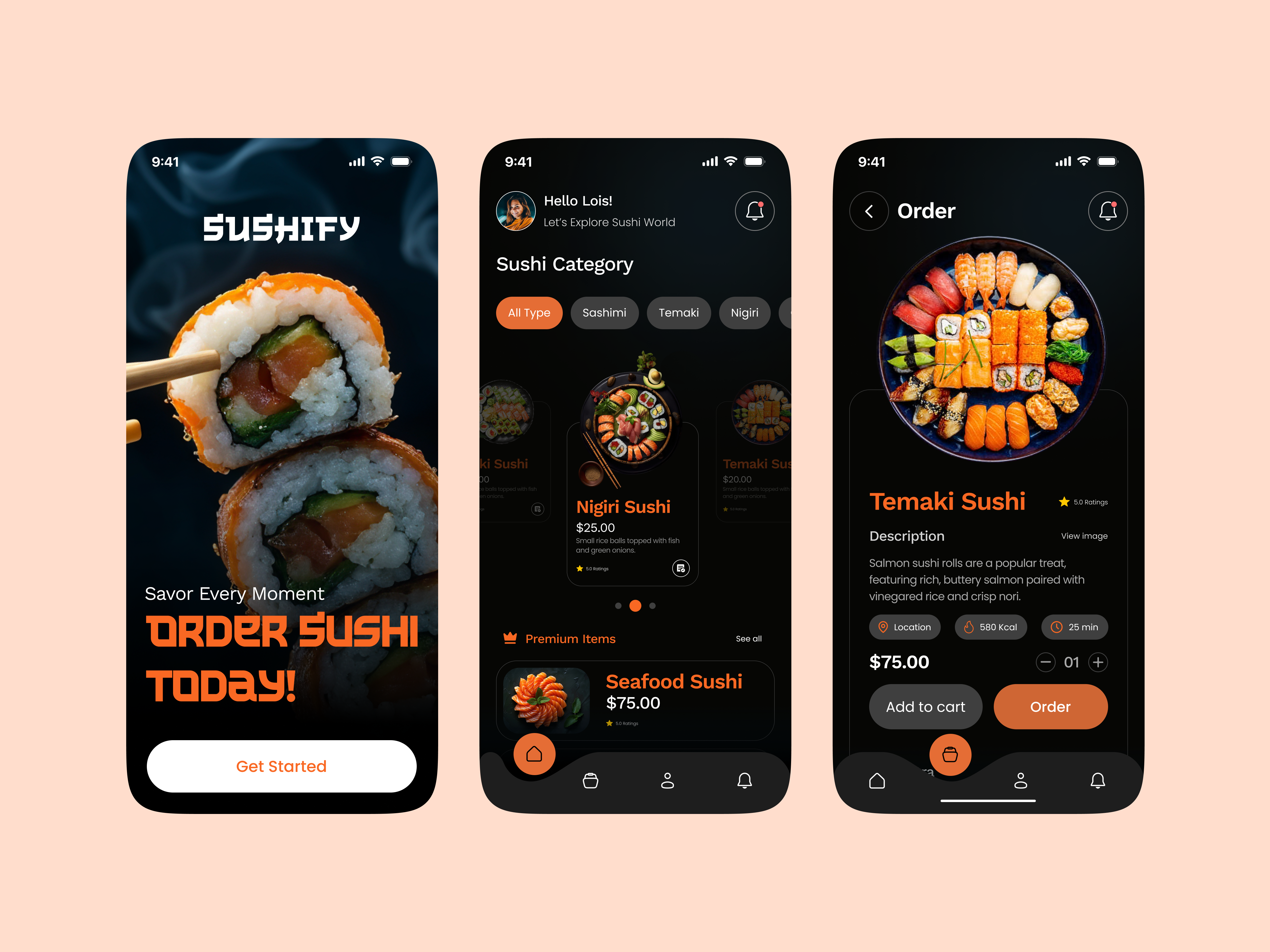 Food Delivery App Design app design delivery app design ecommerce figma figma design food food app food delivery food delivery app design interface minimal mobile app prozyner rifat ony sushi sushi app sushify ui ux