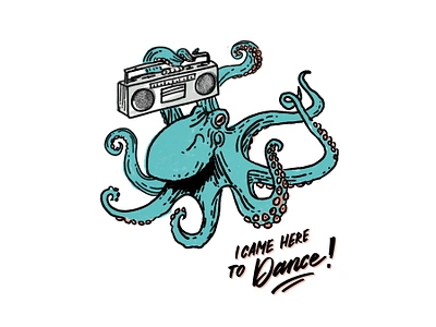 Retro Dancing Octopus Illustration with Handlettering calligraphy dancing octoput digital illustration hand lettering illustration music octopus procreate spot illustration t shirt design turquoise wall art wood cut