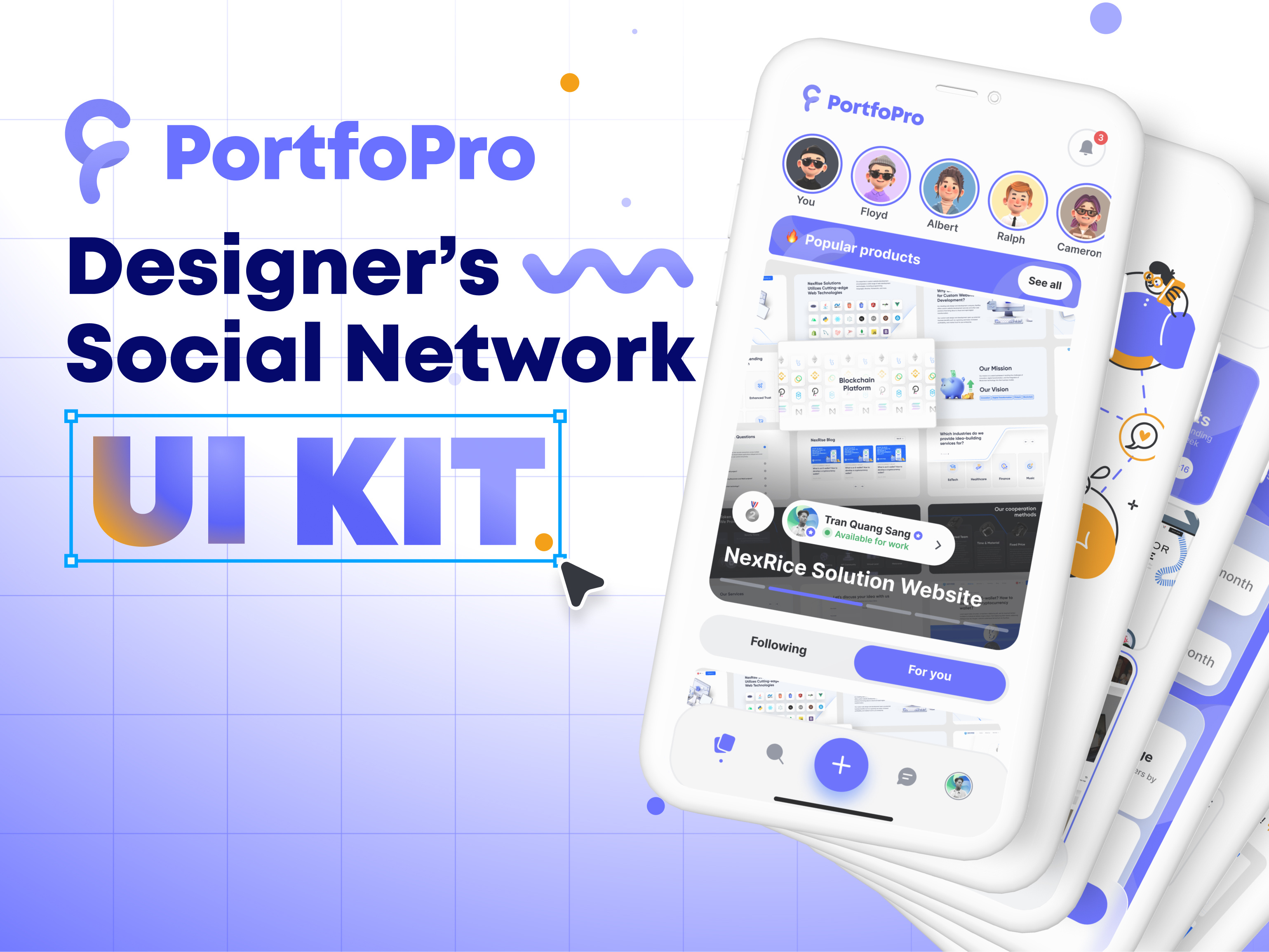 PortfoPro - Designer Social Network UI Kit app branding design illustration logo mobile mobile design network social social network ui ui design ui kit uiux ux ux design vector