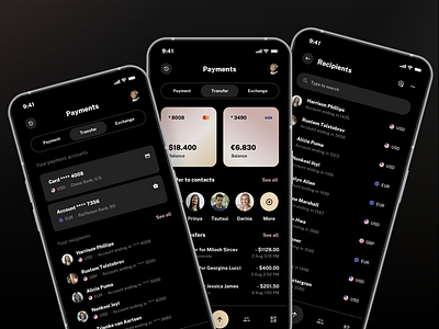 Mobile payments screens design from Finance App Template app template banking app bill payment dark ui dark ui theme finance app financial mobile app inspiration money transfer pay payment payment app paypal revolut wallet app wise