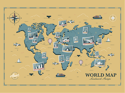 World Map postmarks branding buildings design globe graphic design icon set illustration landmarks location map place postage poster print stamp tourist travel vector vintage world map