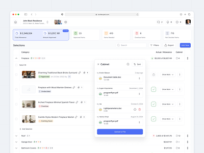 Selections Dashboard - Property Management Web App attachment budget cabinet category construction dashboard interface modal pop up product design property property management real estate saas statistic stepper table ui ux web app