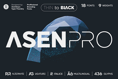 Asen Pro Font Family alternate branding creative design display elegant family font futuristic illustration ligature logo logotype luxury modern professional sans serif typeface typography ui