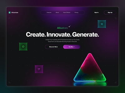 Aillustrate - AI Image Generator Concept ai artificial intelligence dark dark landing page dark mode design futuristic glow gradient hero hero section landing landing page ui minimalism neon ui ux web web design