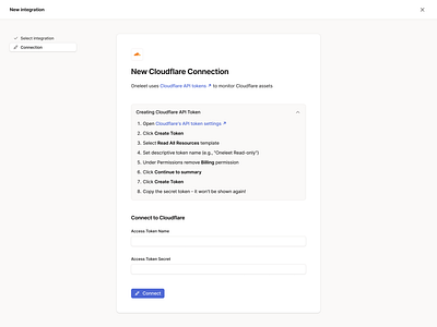 New Integration View - Cloudflare Connection Setup accordion blue cloudflare design figma form integration integrations minimal modal overlay product design saas ui web