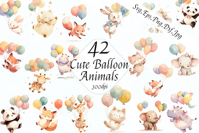 Watercolor Cute Birthday Balloon Animals Vector Illustrations animals baby balloons birthday cute graphic design hand painted illustrations illustrator kids nursery vector