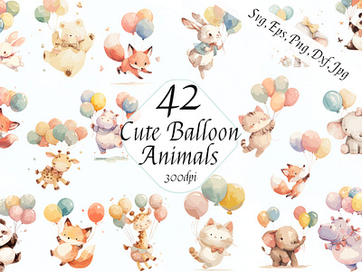 Watercolor Cute Birthday Balloon Animals Vector Illustrations animals baby balloons birthday cute graphic design hand painted illustrations illustrator kids nursery vector