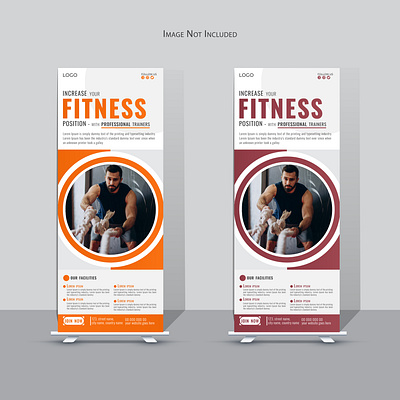 Fitness and Gym Roll Up Banner Template banner body design display banner fitness fitness roll up gym gym roll up gymnasium health pull up rack card retractable banner roll up set signage template trainers x banner yard sign