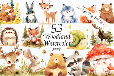 Watercolor Cute Woodland Animals Vector Illustrations animals cute forest graphic design hand painted illustrations illustrator spring vector watercolor woodland