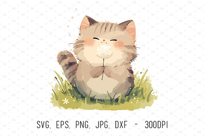 Cute Watercolor Dandelion Flower Cat Vector Illustration animals cat cute dandelion floral flowers hand painted illustrations illustrator spring vector