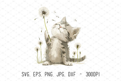 Cute Dandelion Flower Cat Vector Illustration animals cat cute floral flowers graphic design hand painted illustration kids nursery spring vector watercolor