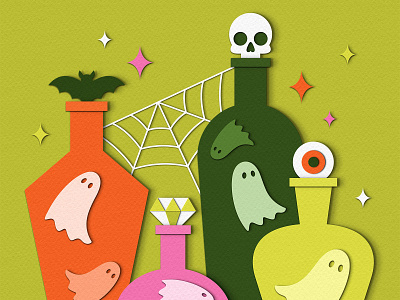 Bottled Spirits advertising bottles design ghosts halloween illustration paper craft spirits