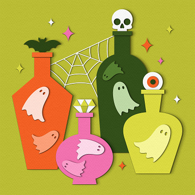 Bottled Spirits advertising bottles design ghosts halloween illustration paper craft spirits