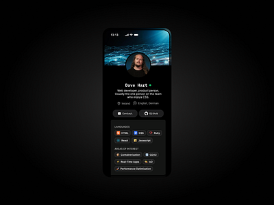 Daily UI 006// user profile 006 dailyui dark mode mobile profile tags ui ui design user profile