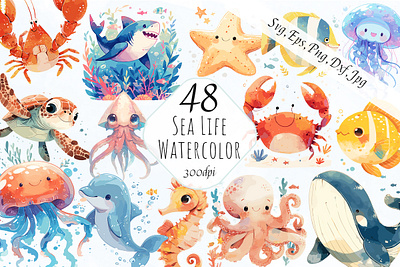 Cute Sea Life Underwater Animals Illustrations animals art fish graphic design hand painted illustrations illustrator sea life underwater vector watercolor