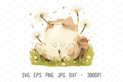 Kawaii Watercolor Cat with Dandelion Flowers animals baby cat cute dandelion design floral illustrations kids nursery vector watercolor