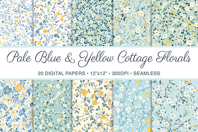 Pale Blue & Yellow Cottagecore Floral Seamless Patterns blue botanical cottagecore digital paper floral flowers illustrations illustrator pastel pattern patterns scrapbook seamless seamless pattern watercolor yellow