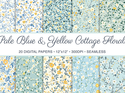 Pale Blue & Yellow Cottagecore Floral Seamless Patterns blue botanical cottagecore digital paper floral flowers illustrations illustrator pastel pattern patterns scrapbook seamless seamless pattern watercolor yellow