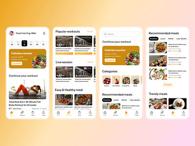 Fitness app for workouts and diet plans ui