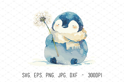 Cute Watercolor Penguin Dandelion Flower Illustration animals baby cute dandelion floral flower hand painted illustration illustrations illustrator kids nursery penguin vector watercolor winter