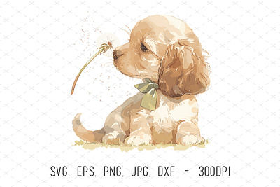 Watercolor Dog Dandelion Flower Illustration animals cute dandelion dog floral flower hand painted illustrations illustrator kids nursery puppy spring vector watercolor