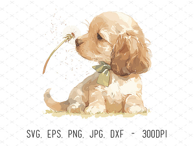 Watercolor Dog Dandelion Flower Illustration animals cute dandelion dog floral flower hand painted illustrations illustrator kids nursery puppy spring vector watercolor