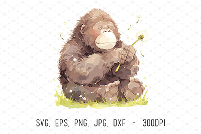 Watercolor Gorilla with Flower Vector Illustration animals cute dandelion desing floral flower gorilla hand painted happy illustrations kids nursery playful spring vector watercolor