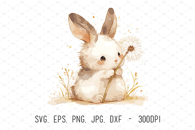 Baby Rabbit with Flower Vector Illustration animals baby bunny cute dandelion design flower hand painted illustrations illustrator kids nursery rabbit spring vector watercolor