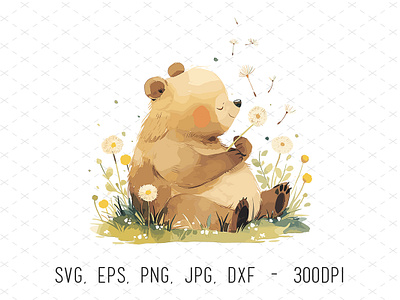 Watercolor Vector Baby Bear Illustration animals bear dandelion floral flowers forest graphic design hand painted illustrations illustrator spring vector watercolor woodland