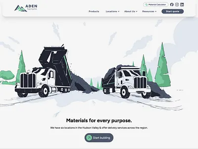 Aden Illustrations aggregate clouds dump header hero illustration illustrator mining perspective rocks svg trees truck webdesign website
