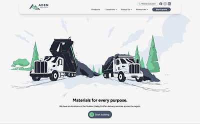 Aden Illustrations aggregate clouds dump header hero illustration illustrator mining perspective rocks svg trees truck webdesign website