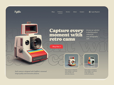 Fuji-film Polaroid Camera shop landing page animation app branding camera design e commerce graphic graphic design illustration landing page minimal poloride retro typography ui ui design ux web webpage website