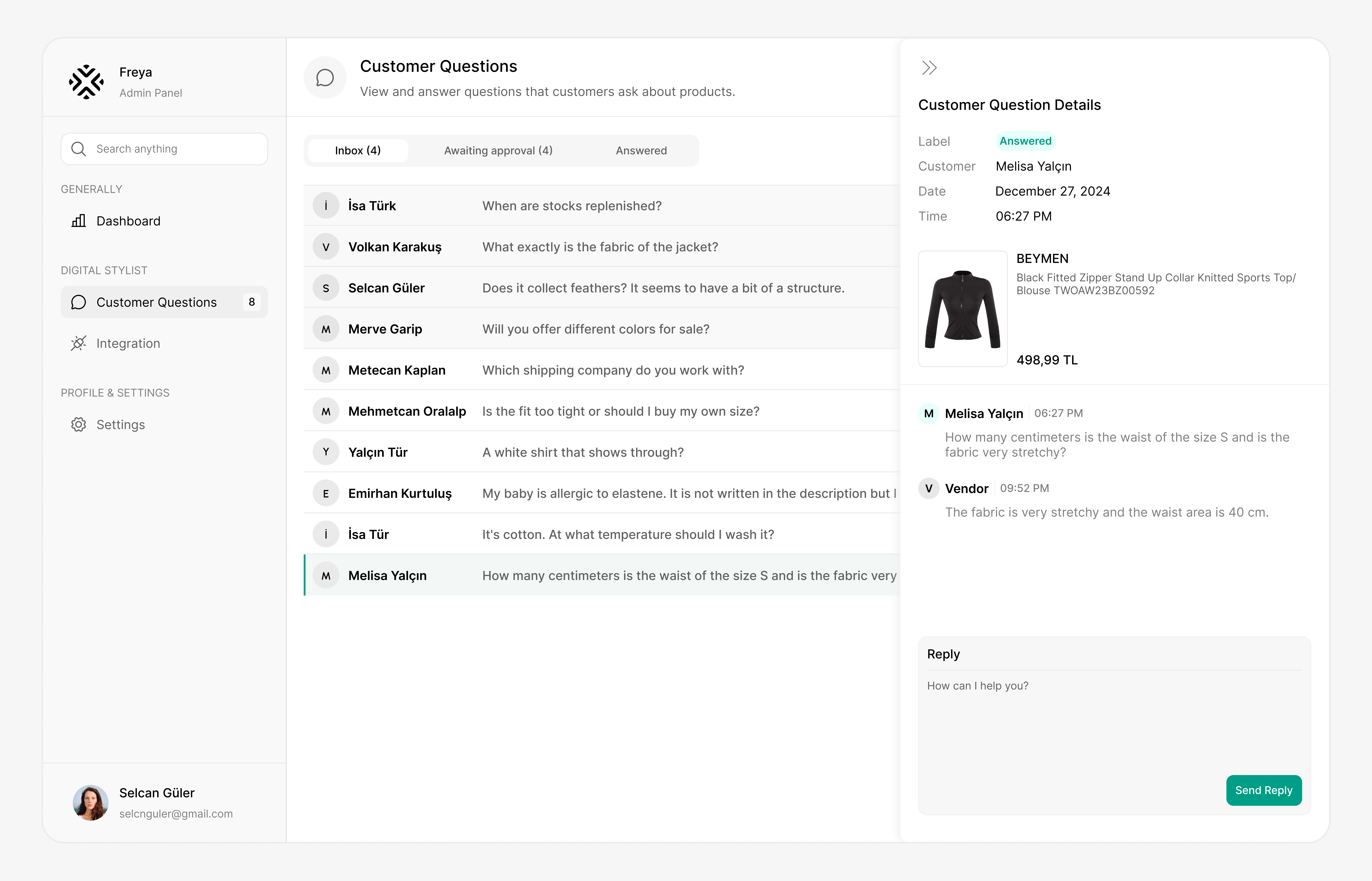 Customer Questions - Drawer Details ✨ admin panel chat customer drawer highlight inbox product questions ui ux web