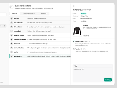 Customer Questions - Drawer Details ✨ admin panel chat customer drawer highlight inbox product questions ui ux web